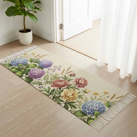 Kitchen Runner Rugs, Garden Watercolor Hydrangea 2'x4' Throw Rug with Tassels, Spring Peony Flower Daisy on Beige Washable Soft Floor Carpet Runner for Hallway Bedroom Bathroom Laundry Room