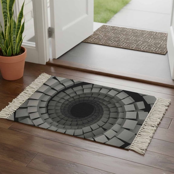 Kitchen Runner Rugs, Geometric Cube Vortex 2'x3' Throw Rug with Tassels, Modern 3D Background Washable Soft Floor Carpet Runner for Hallway Bedroom Bathroom Laundry Room