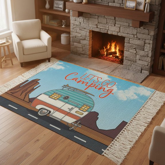 Kitchen Runner Rugs, Let's Go Camping Words 4'x6' Throw Rug with Tassels, Blue White Travel Camper Van Washable Soft Floor Carpet Runner for Hallway Bedroom Bathroom Laundry Room