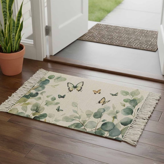 Kitchen Runner Rugs, Gradient Eucalyptus Retro Linen 2'x3' Throw Rug with Tassels, Farm Elegant Butterfly Washable Soft Floor Carpet Runner for Hallway Bedroom Bathroom Laundry Room