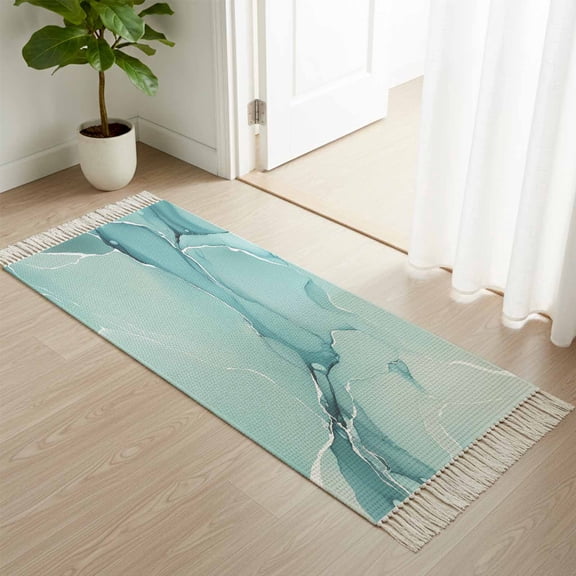 Kitchen Runner Rugs, Gradient Marble Agate Stone 2'x4' Throw Rug with Tassels, Aqua White Ombre Lines Washable Soft Floor Carpet Runner for Hallway Bedroom Bathroom Laundry Room