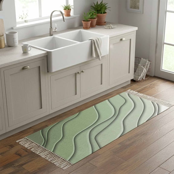 Kitchen Runner Rugs, Gradient Sage Green Ocean Wave Line 2'x6' Throw Rug with Tassels, Simple Striped Washable Soft Floor Carpet Runner for Hallway Bedroom Bathroom Laundry Room
