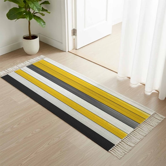 Kitchen Runner Rugs, Gradient Yellow White Black Line 2'x4' Throw Rug with Tassels, Farm Wood Grain Washable Soft Floor Carpet Runner for Hallway Bedroom Bathroom Laundry Room