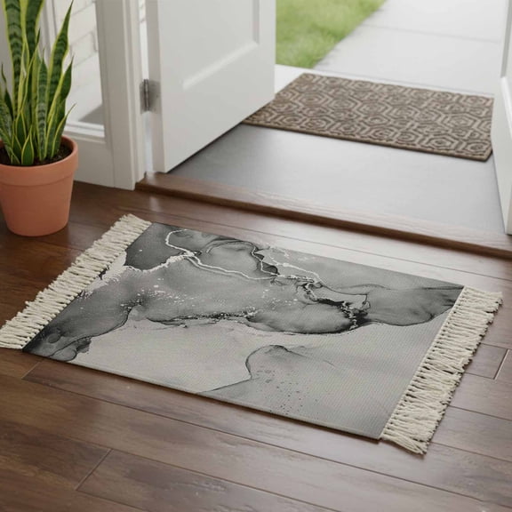 Kitchen Runner Rugs, Gray Marble Water Waves 2'x3' Throw Rug with Tassels, Retro Ripples Abstract Art Washable Soft Floor Carpet Runner for Hallway Bedroom Bathroom Laundry Room