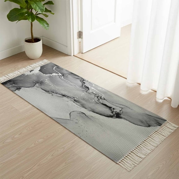 Kitchen Runner Rugs, Gray Marble Water Waves 2'x4' Throw Rug with Tassels, Retro Ripples Abstract Art Washable Soft Floor Carpet Runner for Hallway Bedroom Bathroom Laundry Room