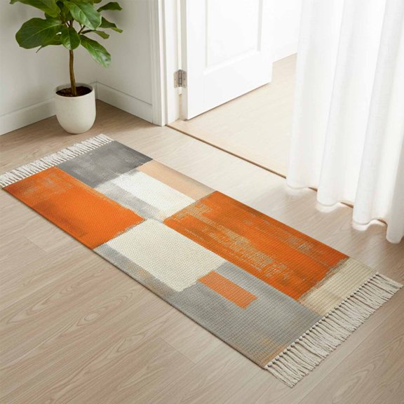 Kitchen Runner Rugs, Gray Orange Color Block 2'x4' Throw Rug with Tassels, Watercolor Oil Painting Art Washable Soft Floor Carpet Runner for Hallway Bedroom Bathroom Laundry Room