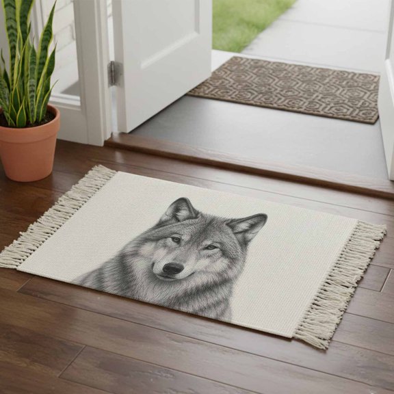Kitchen Runner Rugs, Gray Timber Wolf Sketch 2'x3' Throw Rug with Tassels, Minimalist Wildlife Pattern Washable Soft Floor Carpet Runner for Hallway Bedroom Bathroom Laundry Room