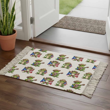Kitchen Runner Rugs, Green Frog Puerto Rico Flags 2'x3' Throw Rug with Tassels, Funny Animal Guitar Washable Soft Floor Carpet Runner for Hallway Bedroom Bathroom Laundry Room