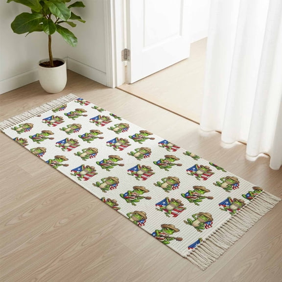 Kitchen Runner Rugs, Green Frog Puerto Rico Flags 2'x4' Throw Rug with Tassels, Funny Animal Guitar Washable Soft Floor Carpet Runner for Hallway Bedroom Bathroom Laundry Room
