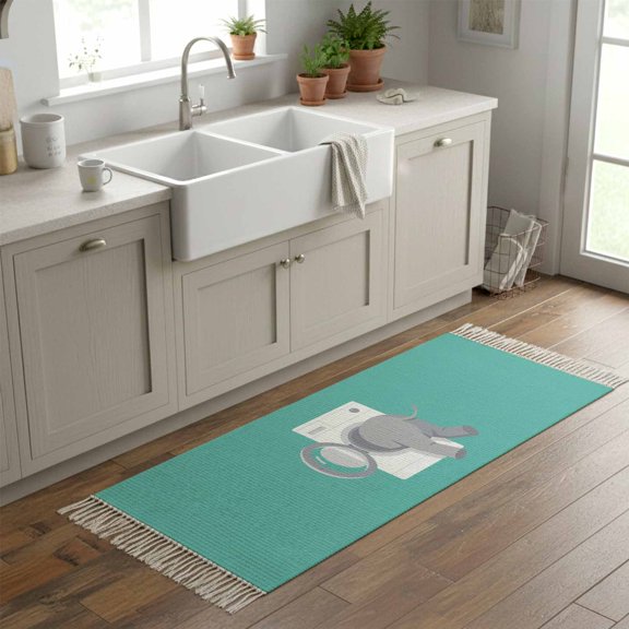 Kitchen Runner Rugs, Grey Elephant Abstract Animal 2'x6' Throw Rug with Tassels, Funny Animals Washable Soft Floor Carpet Runner for Hallway Bedroom Bathroom Laundry Room