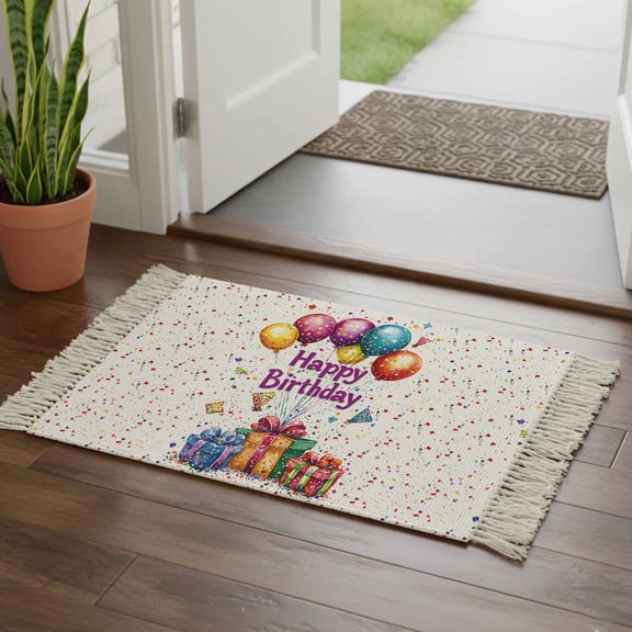 Kitchen Runner Rugs, Happy Birthday Gifts Balloon 2'x3' Throw Rug with Tassels, Firework Celebration Washable Soft Floor Carpet Runner for Hallway Bedroom Bathroom Laundry Room