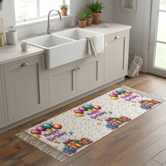 Kitchen Runner Rugs, Happy Birthday Gifts Balloon 2'x6' Throw Rug with Tassels, Firework Celebration Washable Soft Floor Carpet Runner for Hallway Bedroom Bathroom Laundry Room