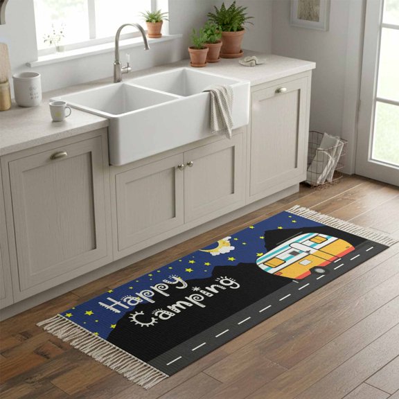 Kitchen Runner Rugs, Happy Camping RV Night Star Moon 2'x6' Throw Rug with Tassels, Farm Mountain Watercolor Truck Washable Soft Floor Carpet Runner for Hallway Bedroom Bathroom Laundry Room