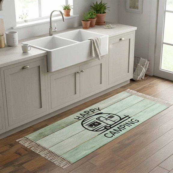 Kitchen Runner Rugs, Happy Camping Words on Wood Board 2'x6' Throw Rug with Tassels, Country Wooden Striped Washable Soft Floor Carpet Runner for Hallway Bedroom Bathroom Laundry Room