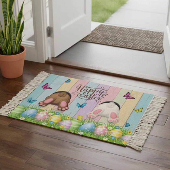Kitchen Runner Rugs, Happy Easter Rabbit Butt Egg on Daisy Leaf 2'x3' Throw Rug with Tassels, Bufferfly on Wood Barn Washable Soft Floor Carpet Runner for Hallway Bedroom Bathroom Laundry Room