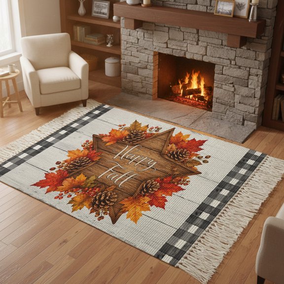 Kitchen Runner Rugs, Happy Fall Country Star 4'x6' Throw Rug with Tassels, Thanksgiving Maple Leaf Pinecone Washable Soft Floor Carpet Runner for Hallway Bedroom Bathroom Laundry Room