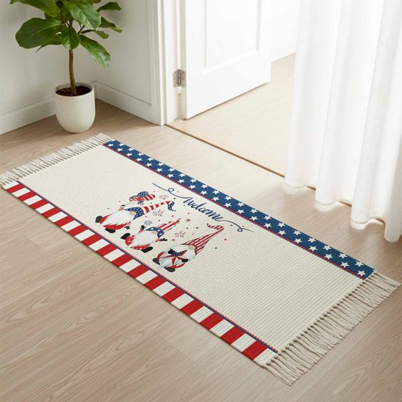 Kitchen Runner Rugs, Happy Independence Day Funny Gnome 2'x4' Throw Rug with Tassels, Stars and Stripes Washable Soft Floor Carpet Runner for Hallway Bedroom Bathroom Laundry Room