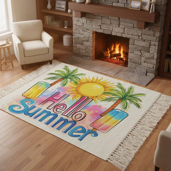 Kitchen Runner Rugs, Hello Summer Text Sun Palm Tree 4'x6' Throw Rug with Tassels, Colorful Ocean Seaside Theme Washable Soft Floor Carpet Runner for Hallway Bedroom Bathroom Laundry Room