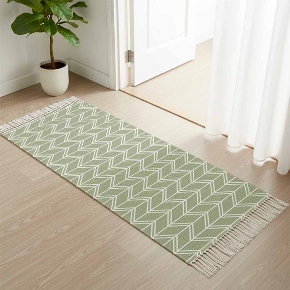 Kitchen Runner Rugs, Herringbone Texture on Sage Green 2'x4' Throw Rug with Tassels, Minimalist Geometric Art Washable Soft Floor Carpet Runner for Hallway Bedroom Bathroom Laundry Room