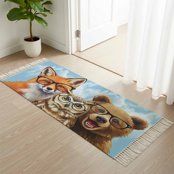 Kitchen Runner Rugs, Hipster Fox Owl 2'x4' Throw Rug with Tassels, Bear with Glasses Abstract Animal Art Washable Soft Floor Carpet Runner for Hallway Bedroom Bathroom Laundry Room
