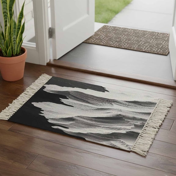 Kitchen Runner Rugs, Impressionist Art Abstract Hill Scene 2'x3' Throw Rug with Tassels, Massif Monochrome Art Washable Soft Floor Carpet Runner for Hallway Bedroom Bathroom Laundry Room