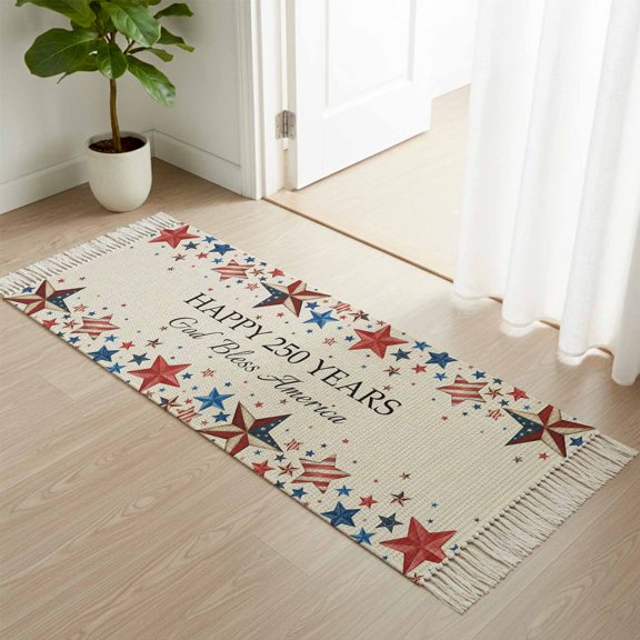 Kitchen Runner Rugs, Independence Day Farm Star on Burlap 2'x4' Throw Rug with Tassels, Patriotic Stars Stripes Washable Soft Floor Carpet Runner for Hallway Bedroom Bathroom Laundry Room