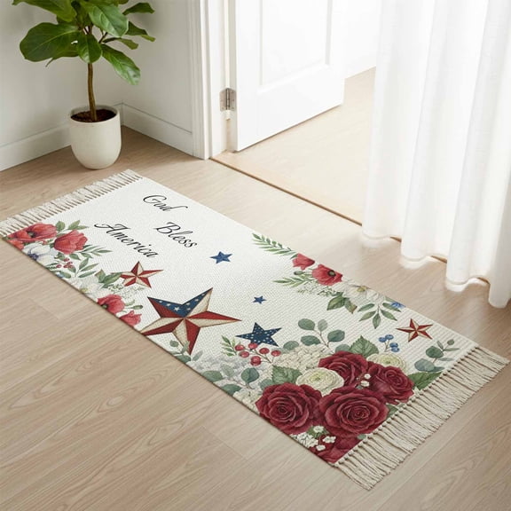 Kitchen Runner Rugs, Independence Day Floral Star 2'x4' Throw Rug with Tassels, God Bless America Quote Washable Soft Floor Carpet Runner for Hallway Bedroom Bathroom Laundry Room