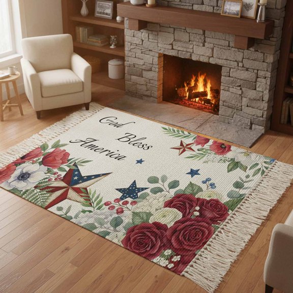 Kitchen Runner Rugs, Independence Day Floral Star 4'x6' Throw Rug with Tassels, God Bless America Quote Washable Soft Floor Carpet Runner for Hallway Bedroom Bathroom Laundry Room