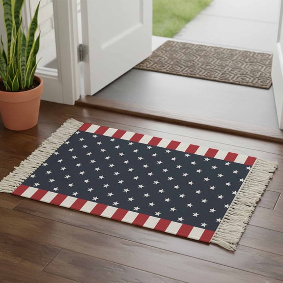 Kitchen Runner Rugs, Independence Day Patriotic Stars on Blue 2'x3' Throw Rug with Tassels, Red White Stripes Border Washable Soft Floor Carpet Runner for Hallway Bedroom Bathroom Laundry Room