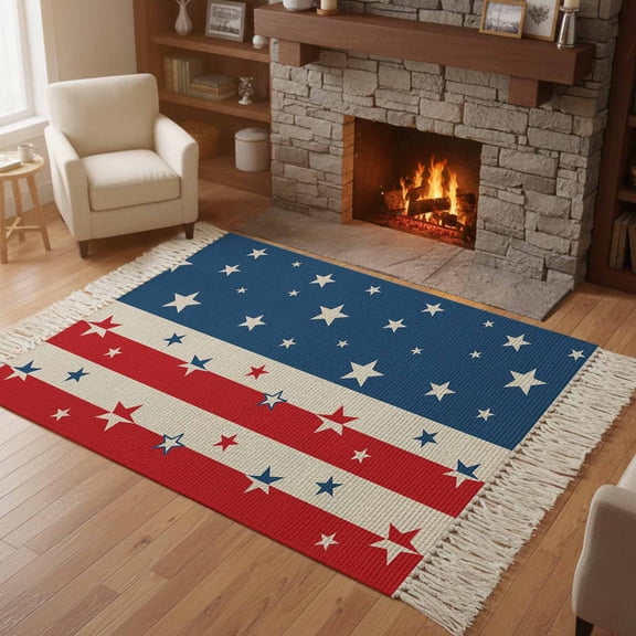 Kitchen Runner Rugs, Independence Day Stars Red Stripe USA Flag Patriot 4'x6' Throw Rug with Tassels, Pentagram on Blue Vintage Linen Washable Soft Floor Carpet Runner for Hallway Bedroom Bathroom