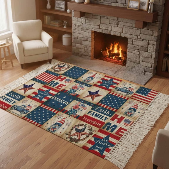 Kitchen Runner Rugs, Independence Day Texas Stars 4'x6' Throw Rug with Tassels, USA Flag Blue Farm Car Washable Soft Floor Carpet Runner for Hallway Bedroom Bathroom Laundry Room