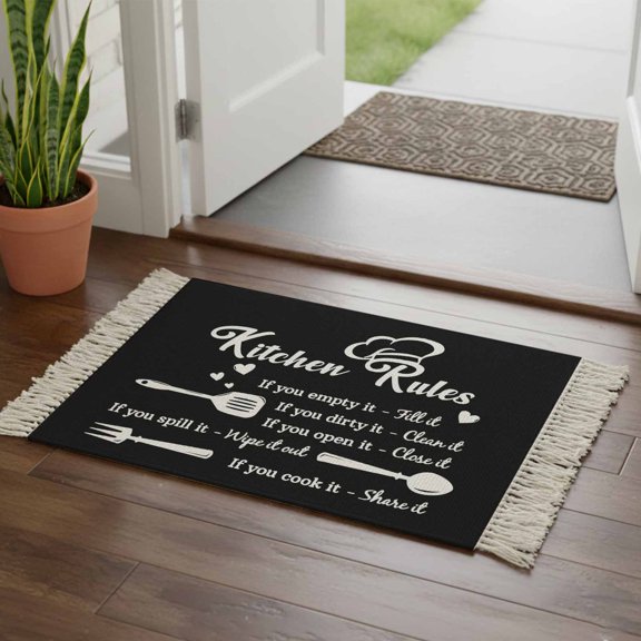 Kitchen Runner Rugs, Kitchen Rules Black and White 2'x3' Throw Rug with Tassels, Kitchens Utensils Appliances Washable Soft Floor Carpet Runner for Hallway Bedroom Bathroom Laundry Room