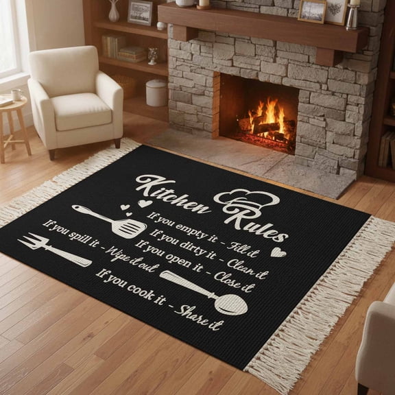 Kitchen Runner Rugs, Kitchen Rules Black and White 4'x6' Throw Rug with Tassels, Kitchens Utensils Appliances Washable Soft Floor Carpet Runner for Hallway Bedroom Bathroom Laundry Room