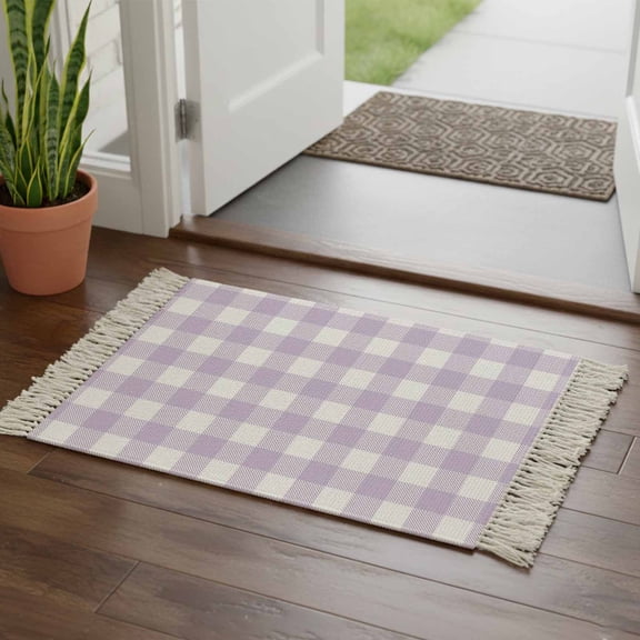 Kitchen Runner Rugs, Lavender Purple Grid 2'x3' Throw Rug with Tassels, Farm Pastoral Theme Washable Soft Floor Carpet Runner for Hallway Bedroom Bathroom Laundry Room
