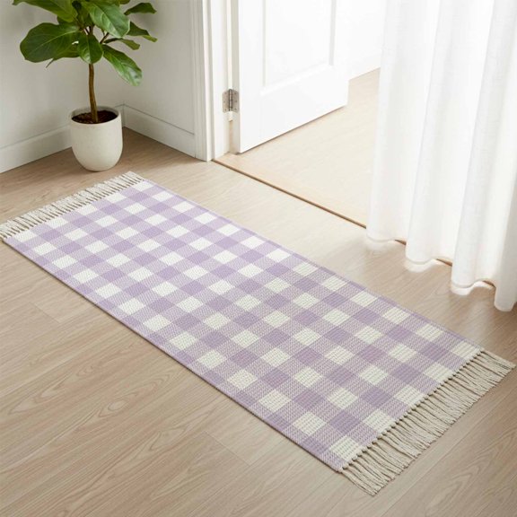 Kitchen Runner Rugs, Lavender Purple Grid 2'x4' Throw Rug with Tassels, Farm Pastoral Theme Washable Soft Floor Carpet Runner for Hallway Bedroom Bathroom Laundry Room