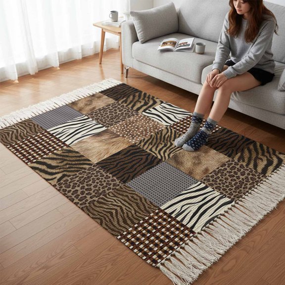 Kitchen Runner Rugs, Leopard Tiger Zebra Deer Texture 3'x5' Throw Rug with Tassels, Wild Animal Skin Print Washable Soft Floor Carpet Runner for Hallway Bedroom Bathroom Laundry Room