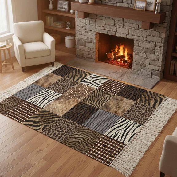 Kitchen Runner Rugs, Leopard Tiger Zebra Deer Texture 4'x6' Throw Rug with Tassels, Wild Animal Skin Print Washable Soft Floor Carpet Runner for Hallway Bedroom Bathroom Laundry Room