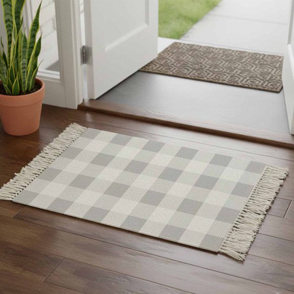 Kitchen Runner Rugs, Light Grey White Plaid 2'x3' Throw Rug with Tassels, Farmhouse Decoration Buffalo Check Washable Soft Floor Carpet Runner for Hallway Bedroom Bathroom Laundry Room