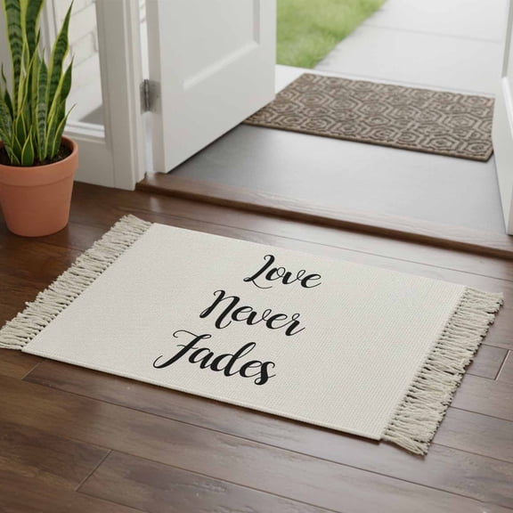 Kitchen Runner Rugs, Love Never Fades Quote Black White 2'x3' Throw Rug with Tassels, Simple Abstract Text Washable Soft Floor Carpet Runner for Hallway Bedroom Bathroom Laundry Room