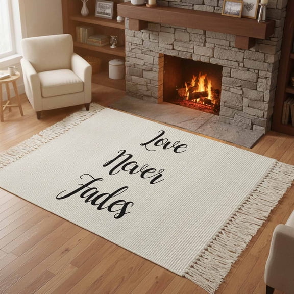 Kitchen Runner Rugs, Love Never Fades Quote Black White 4'x6' Throw Rug with Tassels, Simple Abstract Text Washable Soft Floor Carpet Runner for Hallway Bedroom Bathroom Laundry Room