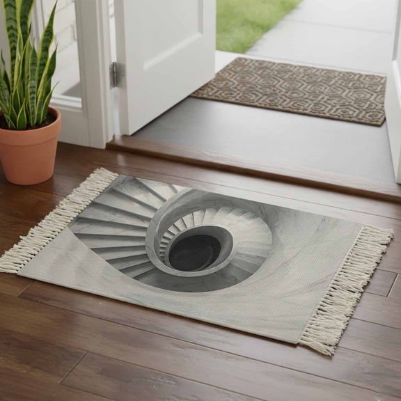 Kitchen Runner Rugs, Marble Spiral Staircase 2'x3' Throw Rug with Tassels, Monochrome Architecture Washable Soft Floor Carpet Runner for Hallway Bedroom Bathroom Laundry Room