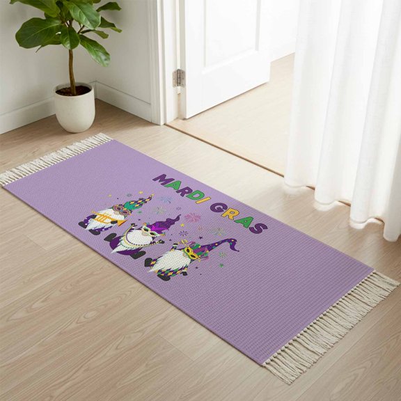 Kitchen Runner Rugs, Mardi Gras Cartoon Cute Dwarfs 2'x4' Throw Rug with Tassels, Purple Washable Soft Floor Carpet Runner for Hallway Bedroom Bathroom Laundry Room