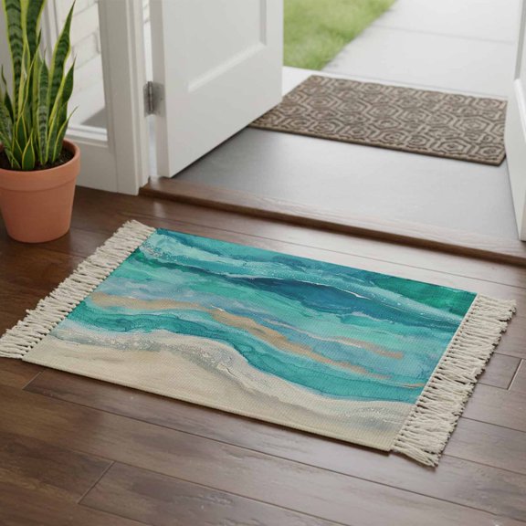 Kitchen Runner Rugs, Marine Coastal Wave Turquoise Ombre 2'x3' Throw Rug with Tassels, Abstract Ocean Sea Shore Washable Soft Floor Carpet Runner for Hallway Bedroom Bathroom Laundry Room