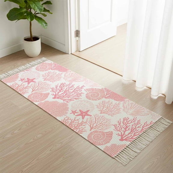 Kitchen Runner Rugs, Marine Coral Shell Starfish 2'x4' Throw Rug with Tassels, Marine Life Pink Washable Soft Floor Carpet Runner for Hallway Bedroom Bathroom Laundry Room