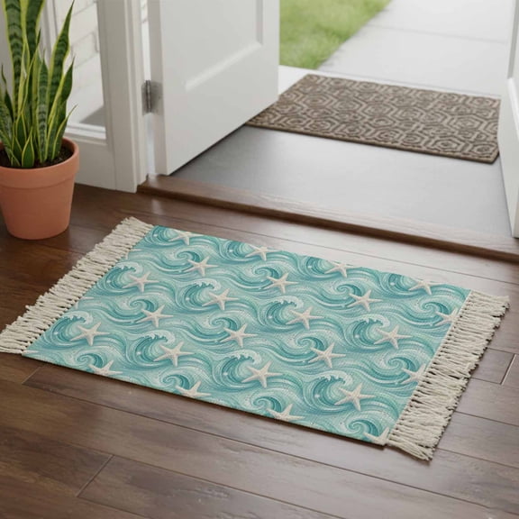 Kitchen Runner Rugs, Marine Starfish Water Ripple 2'x3' Throw Rug with Tassels, Teal Ocean Seamless Stars Washable Soft Floor Carpet Runner for Hallway Bedroom Bathroom Laundry Room