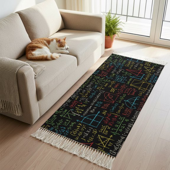 Kitchen Runner Rugs, Mathematical Formulas Math Doodle 2'x5' Throw Rug with Tassels, Cartoon Style Washable Soft Floor Carpet Runner for Hallway Bedroom Bathroom Laundry Room