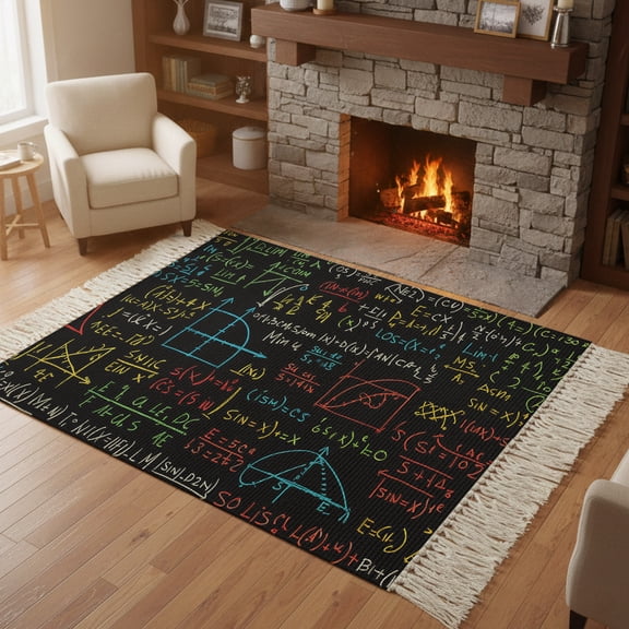 Kitchen Runner Rugs, Mathematical Formulas Math Doodle 4'x6' Throw Rug with Tassels, Cartoon Style Washable Soft Floor Carpet Runner for Hallway Bedroom Bathroom Laundry Room
