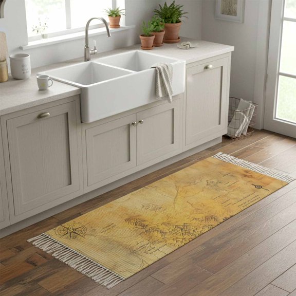 Kitchen Runner Rugs, Medieval Earth Map on Retro 2'x6' Throw Rug with Tassels, Modern Abstract Mountain Washable Soft Floor Carpet Runner for Hallway Bedroom Bathroom Laundry Room