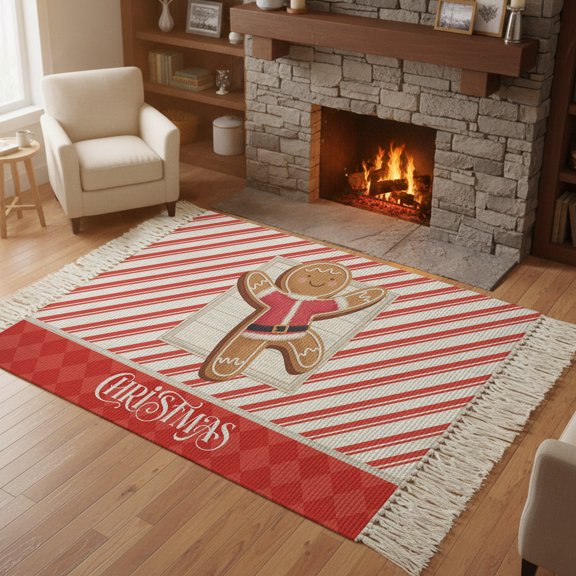 Kitchen Runner Rugs, Merry Christmas Cartoon Cookies 4'x6' Throw Rug with Tassels, Red Stripes Geometric Washable Soft Floor Carpet Runner for Hallway Bedroom Bathroom Laundry Room