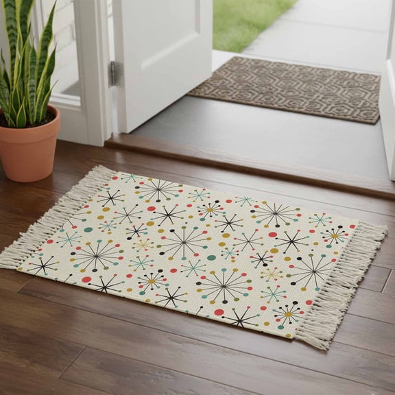 Kitchen Runner Rugs, Mid Century Abstract Geometric 2'x3' Throw Rug with Tassels, Modern Colorful Atomic Washable Soft Floor Carpet Runner for Hallway Bedroom Bathroom Laundry Room
